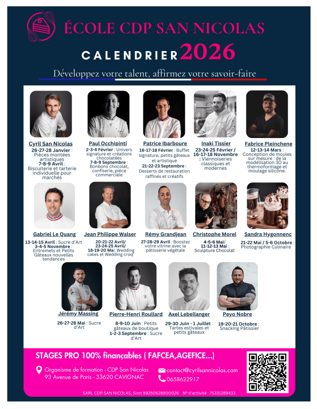 Formations stages pros pâtisserie chocolaterie 2026 CDP San Nicolas Bordeaux (33)